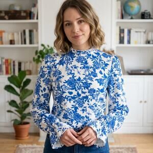 SHEIN White & Blue Floral Long Sleeved High Neck Blouse w Keyhole Back Medium